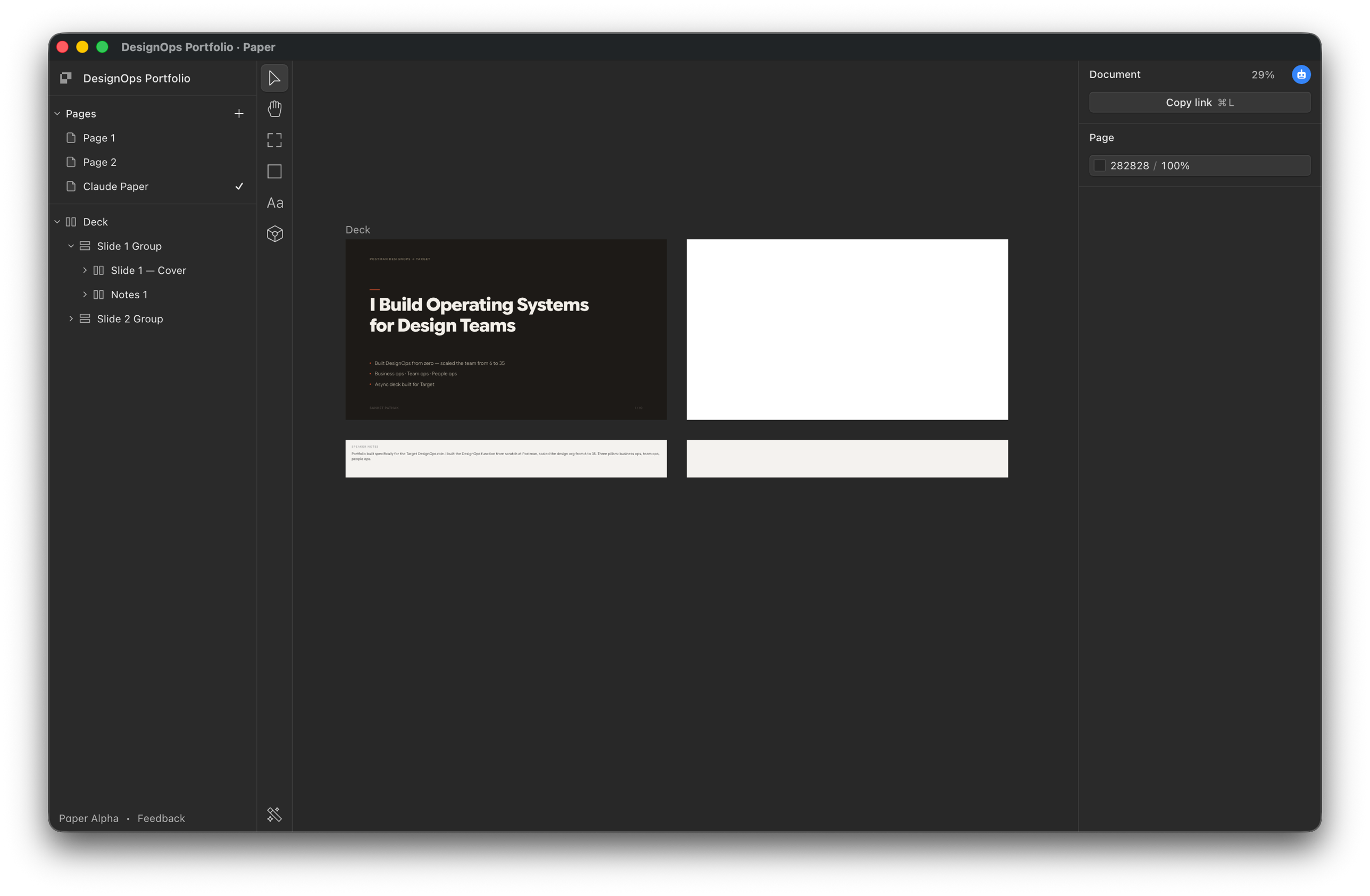 The flex fix working — a Deck container with Slide 1 Group containing Slide 1 and Notes 1, second slide slot empty and waiting.