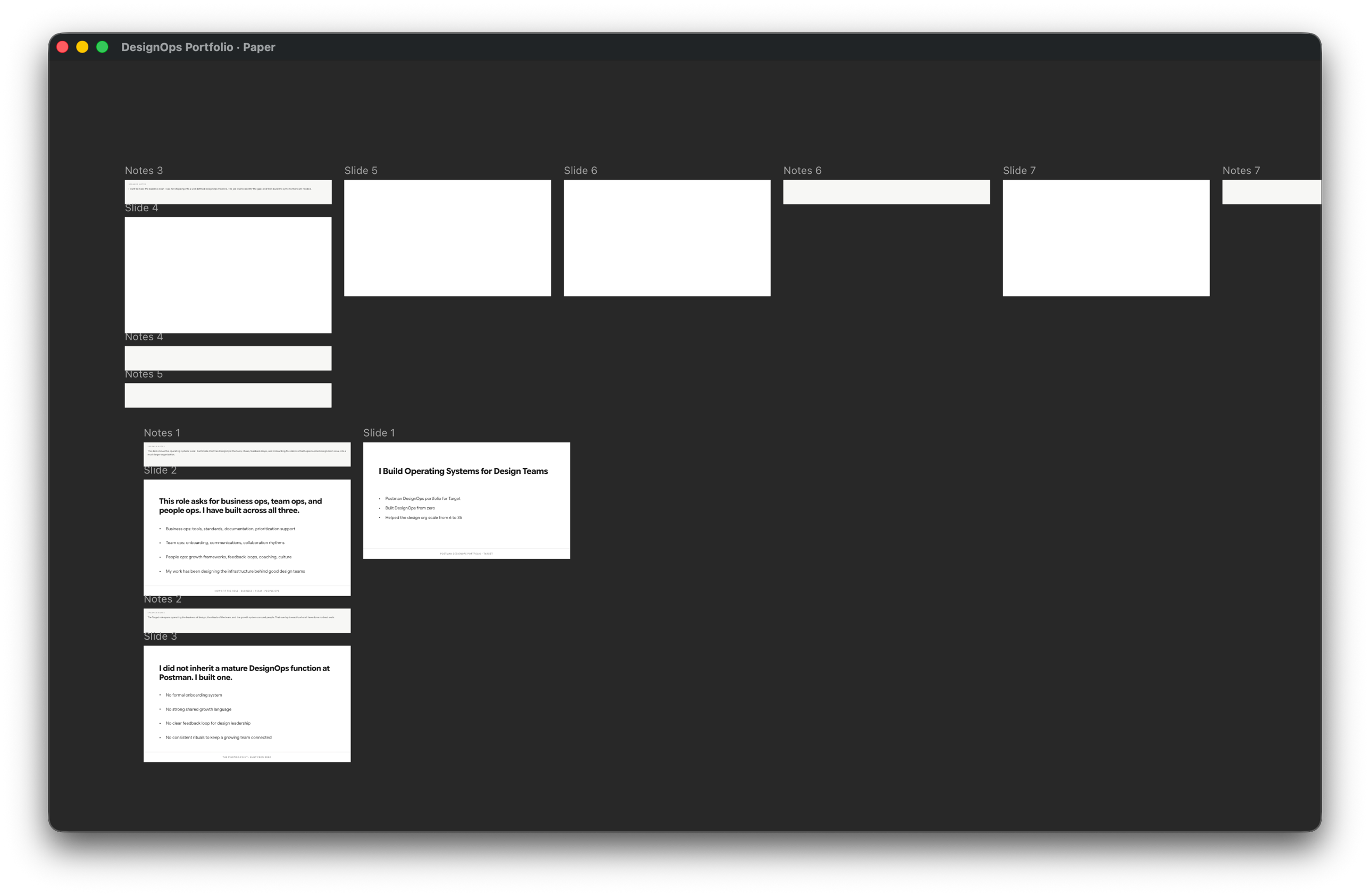 V1 absolute-positioning mess — slides and notes scattered across the canvas, stack of slides overlapping at origin.